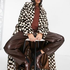 Topshop Faux Fur Checkerboard Long Coat